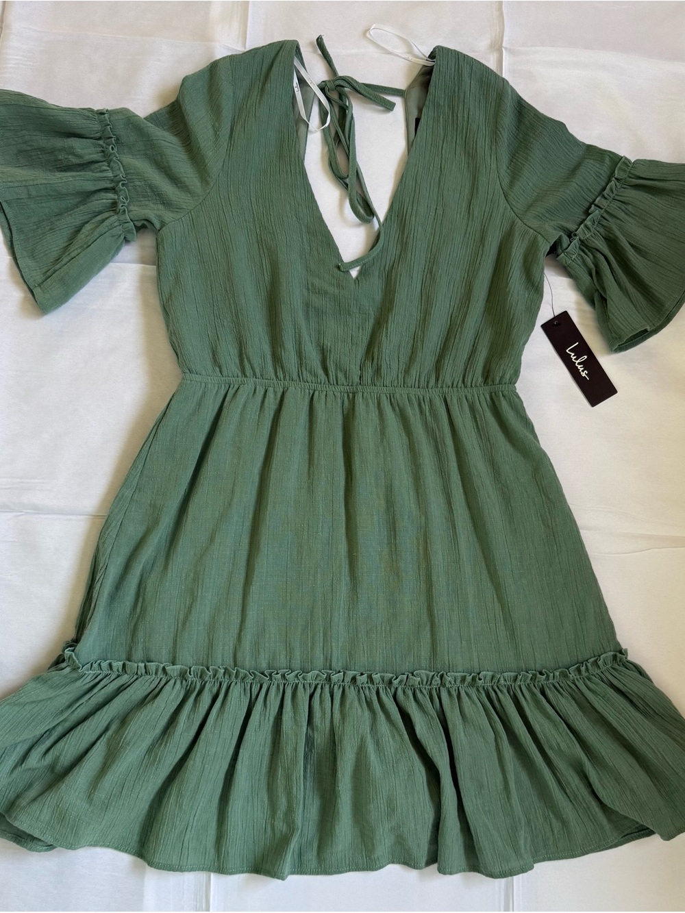 Lulu's Sage Green Backless Tie-Back Ruffle Mini Dress